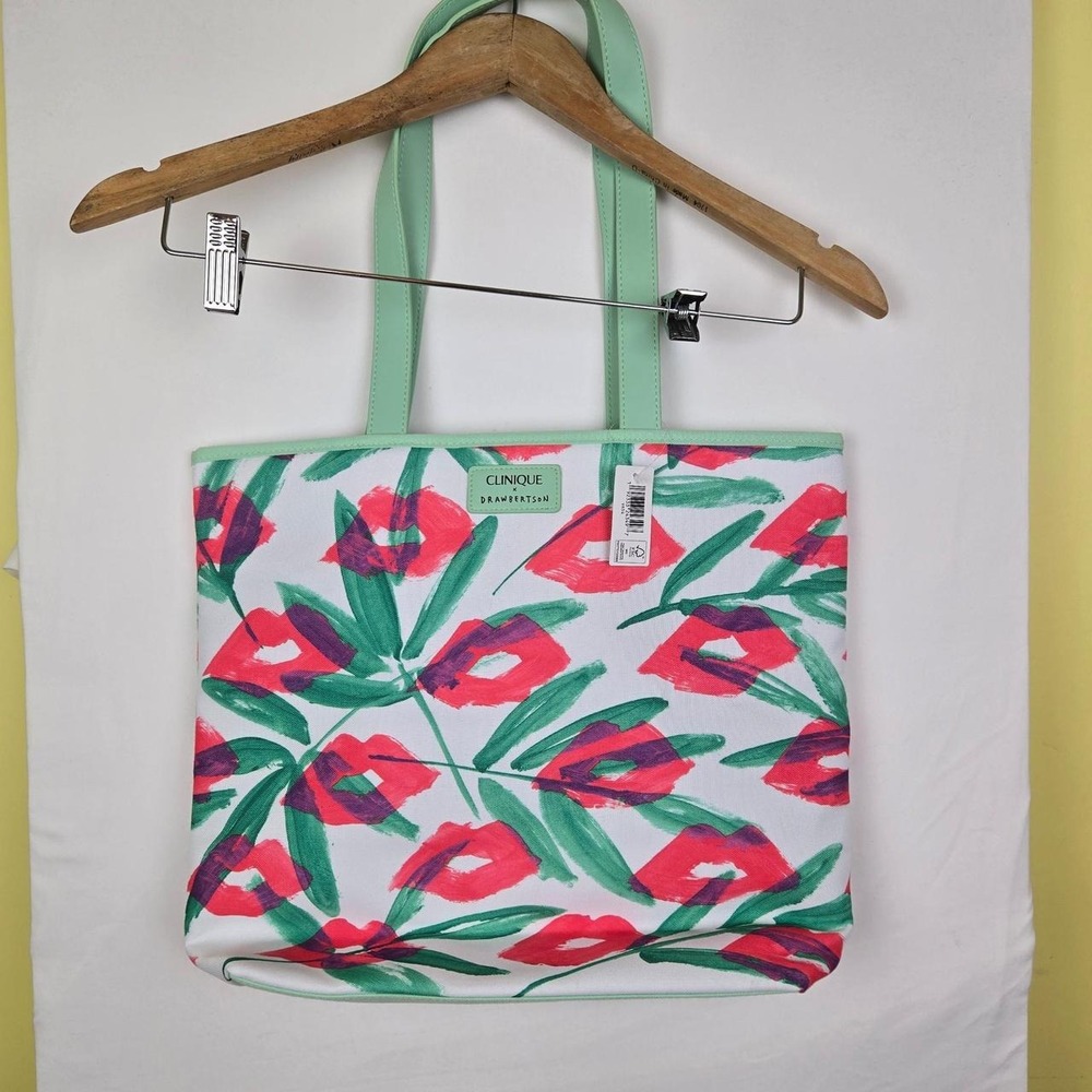Clinique x Drawbertson multi coloured floral tote bag lip print